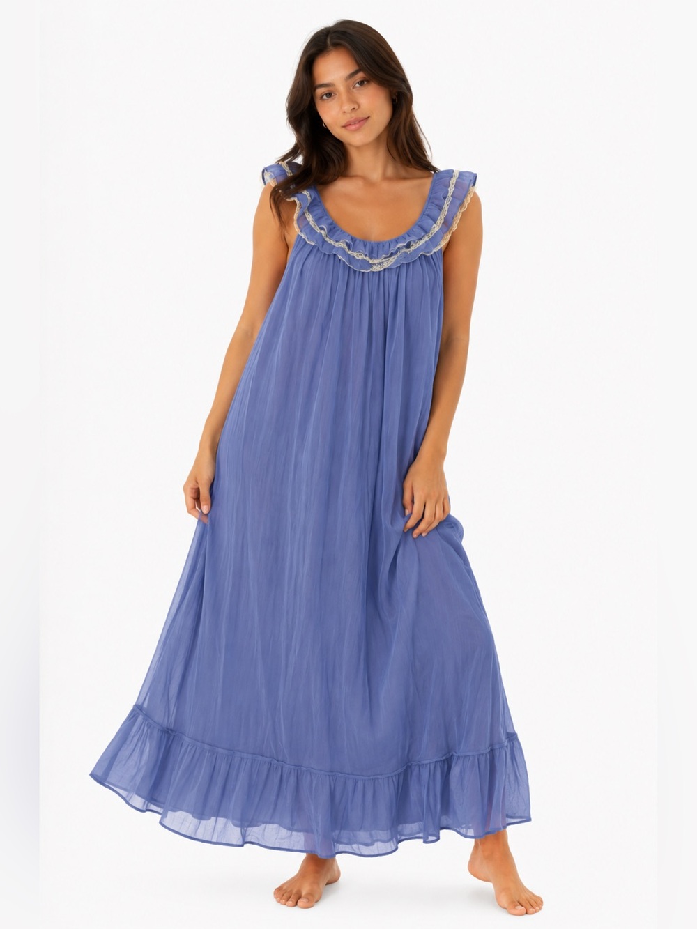 50s/60s European Vintage St Michael Sheer Ruffle Maxi Nightgown Periwinkle M/L